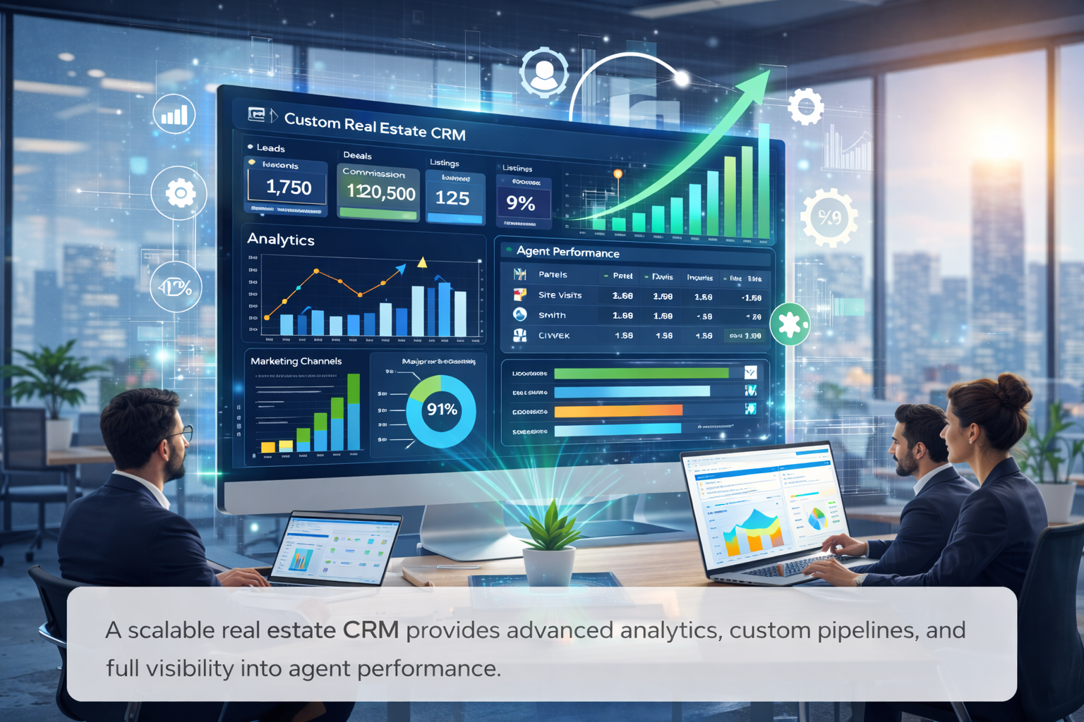 Custom real estate CRM dashboard showing advanced reporting, analytics, and performance tracking
