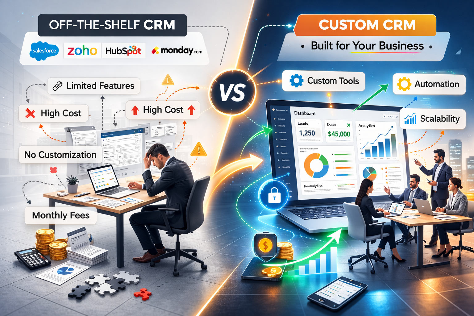 Off-the-shelf CRM vs custom CRM comparison showing limitations and scalability differences
