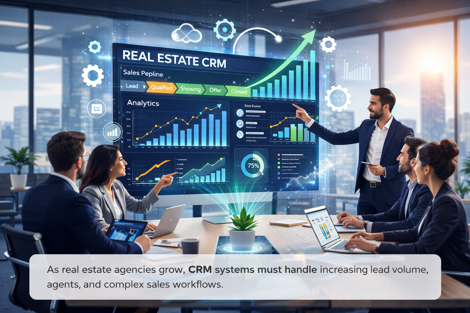 Real estate agency team reviewing CRM dashboard with sales pipeline and analytics