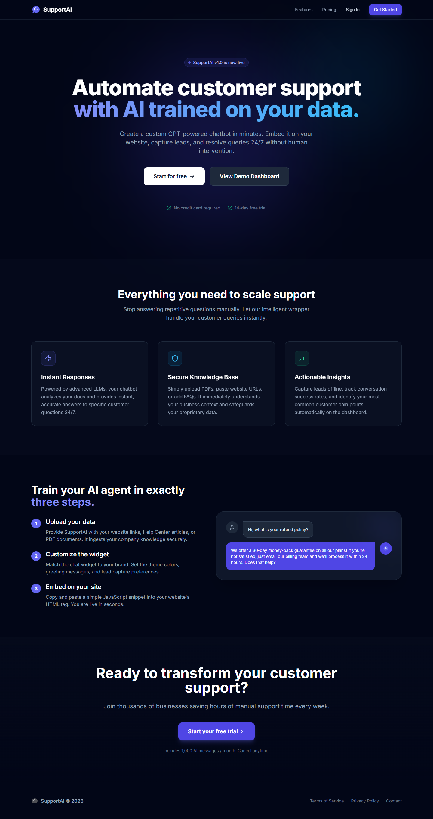 SupportAI SaaS Landing Page Design