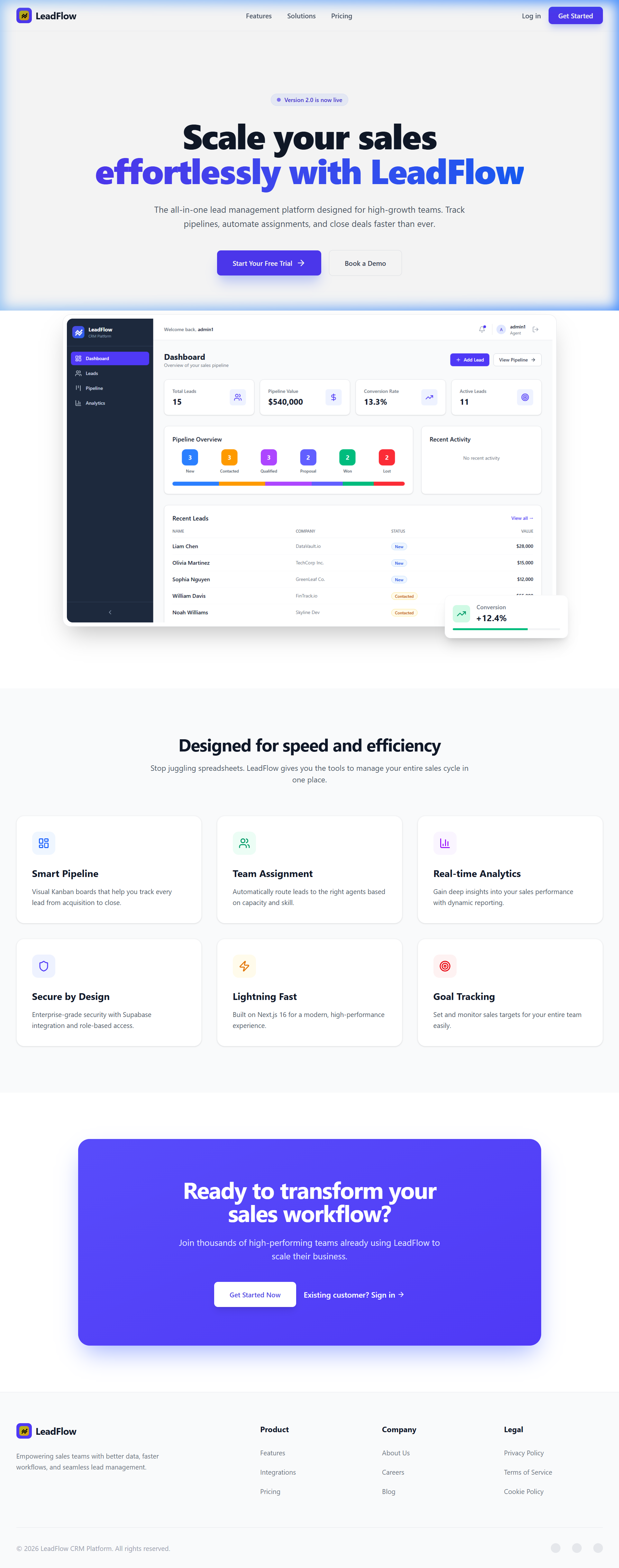 LeadFlow CRM - Premium Landing Page (Desktop)