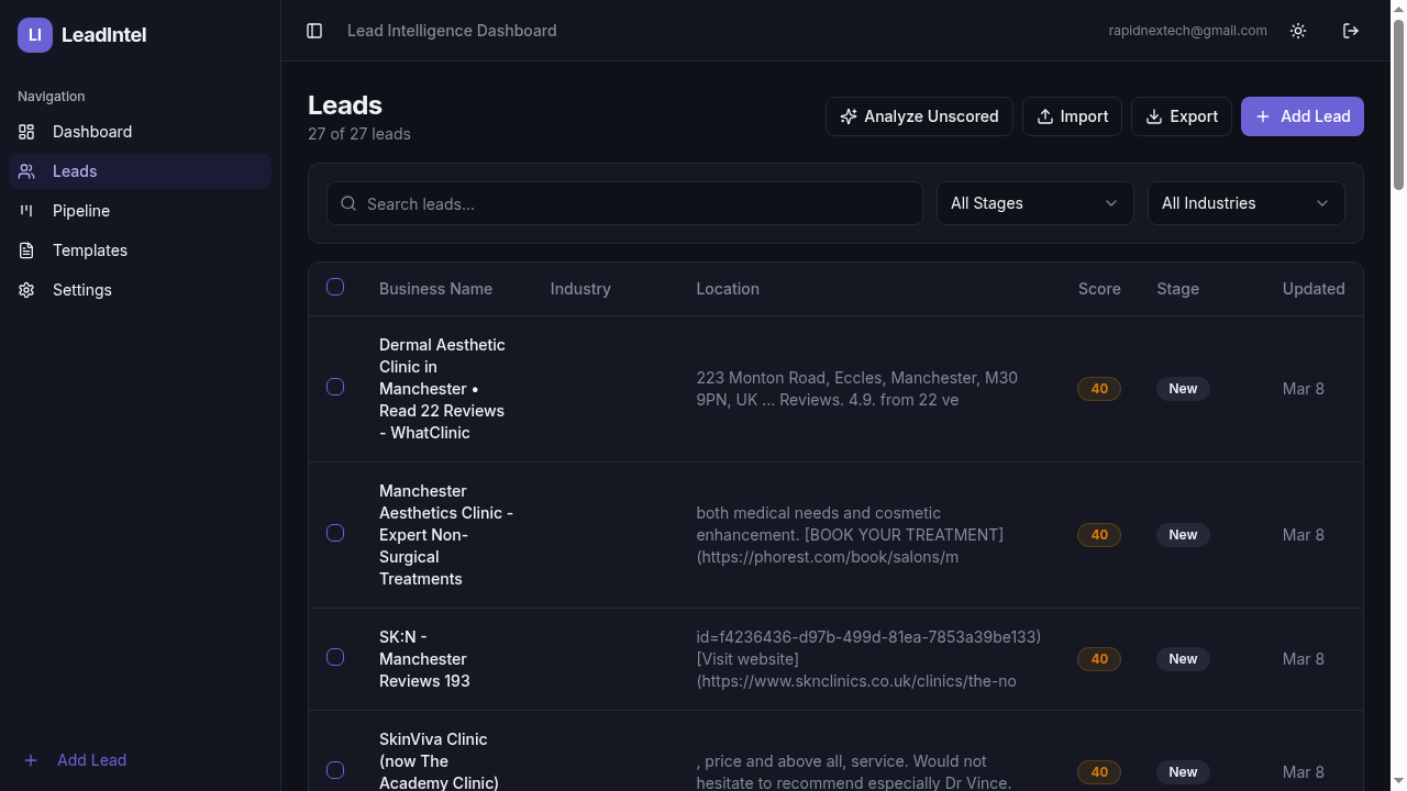 LeadIntel leads management table with search, filters, bulk AI analyze, CSV import and export