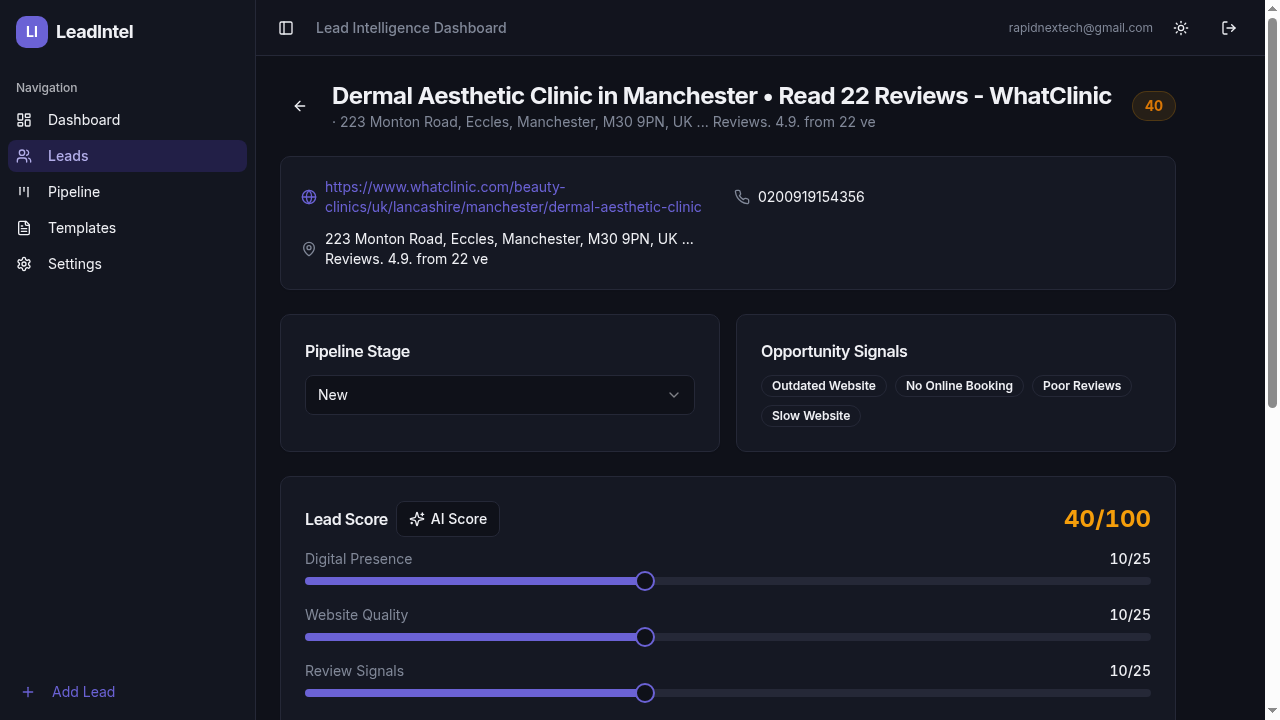 LeadIntel lead detail showing AI-detected opportunity signals and 4-dimension scoring breakdown