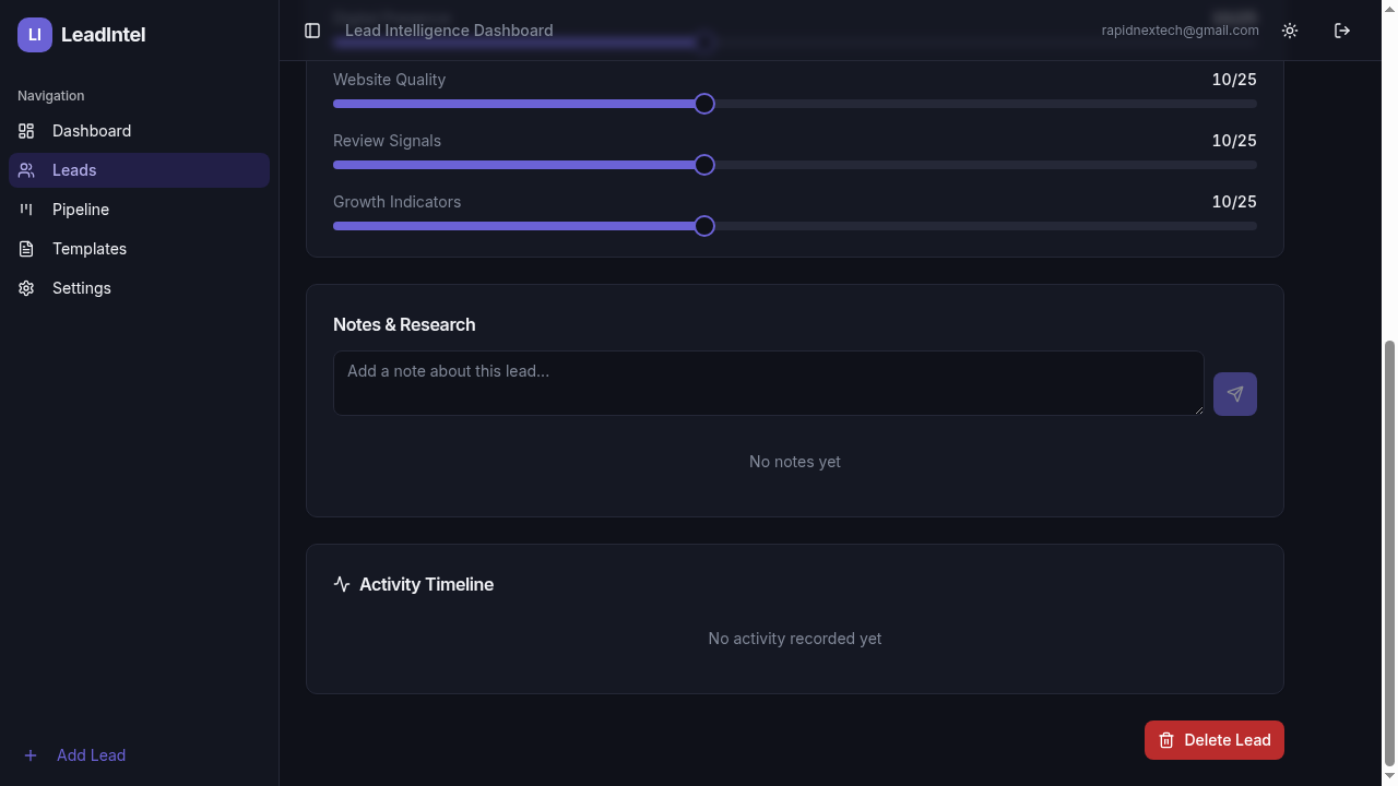 LeadIntel lead detail showing notes, research section, and activity timeline
