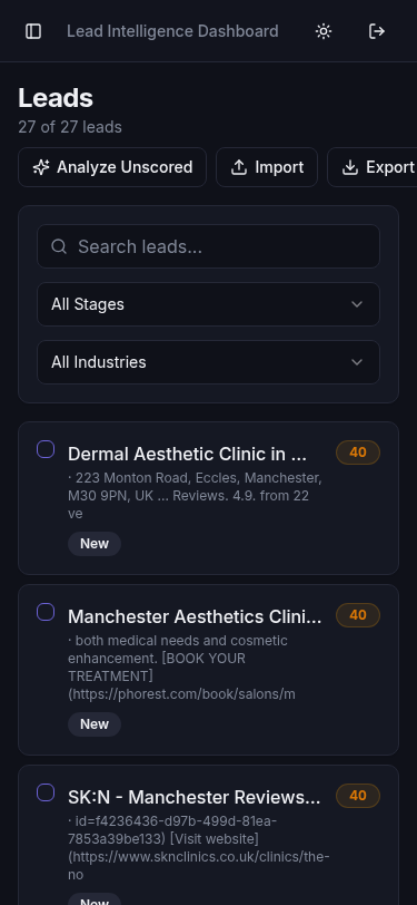 LeadIntel mobile leads view with card layout, search, and filter controls