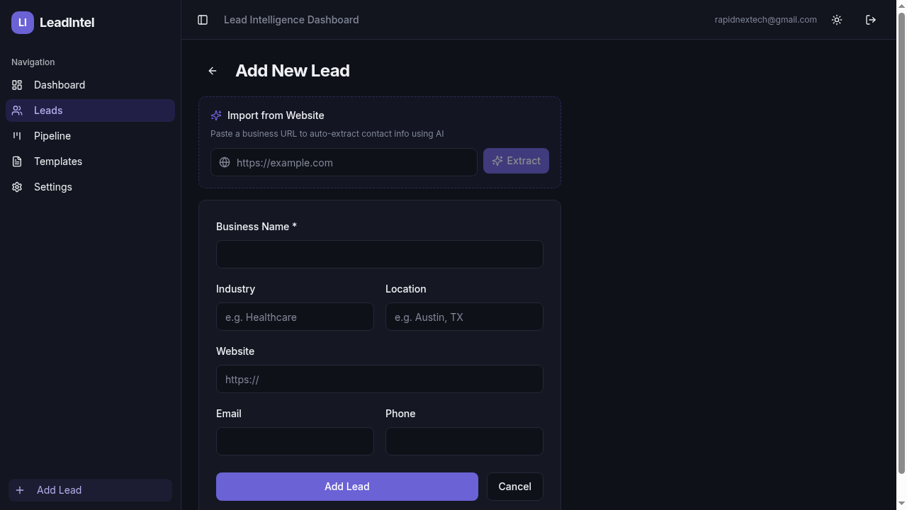LeadIntel add new lead form with AI website extraction and manual entry fields
