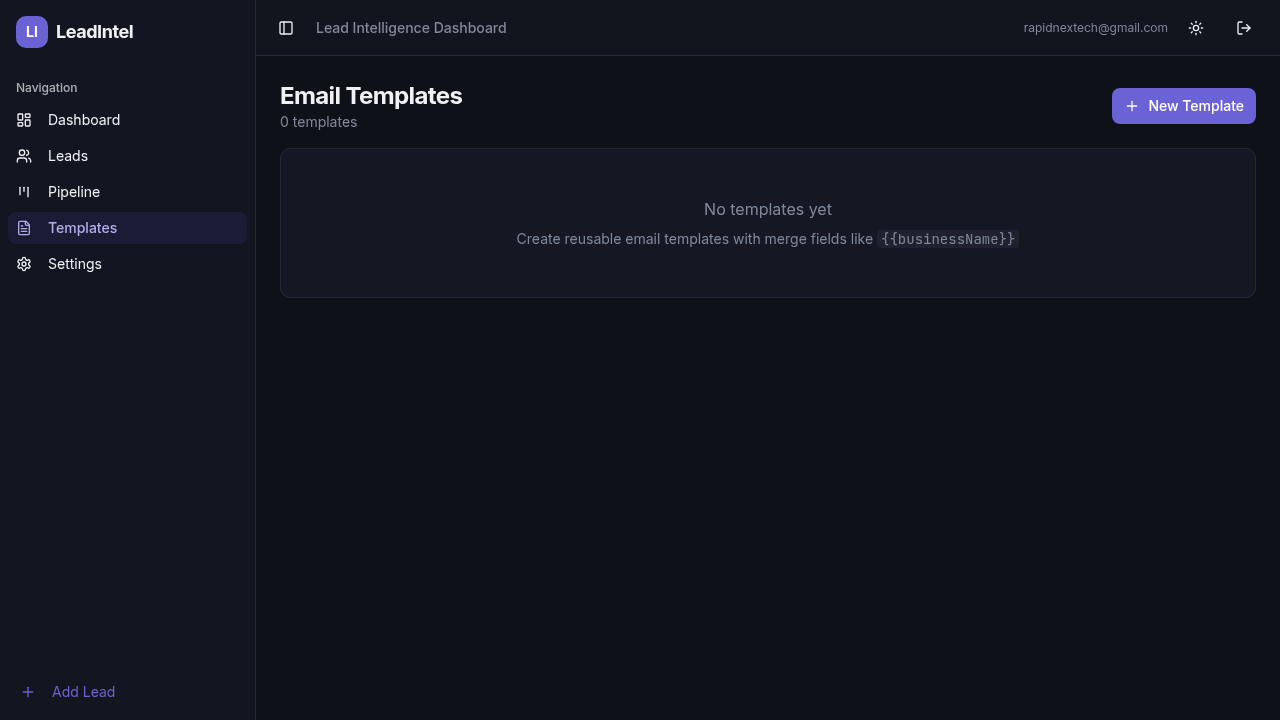 LeadIntel email templates page with merge field support