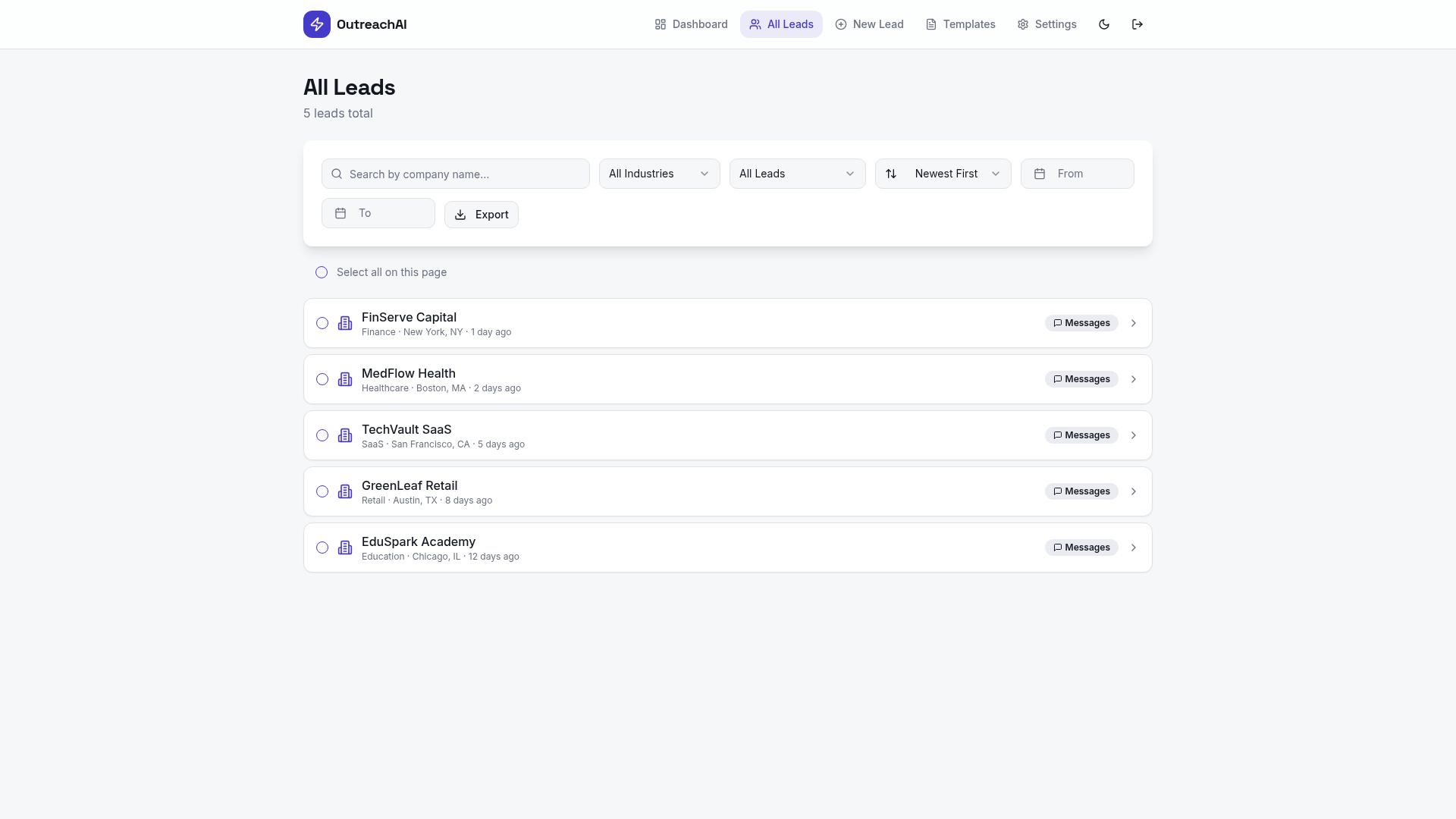 OutreachAI leads list showing 5 companies across Healthcare, SaaS, Finance, Retail, and Education industries