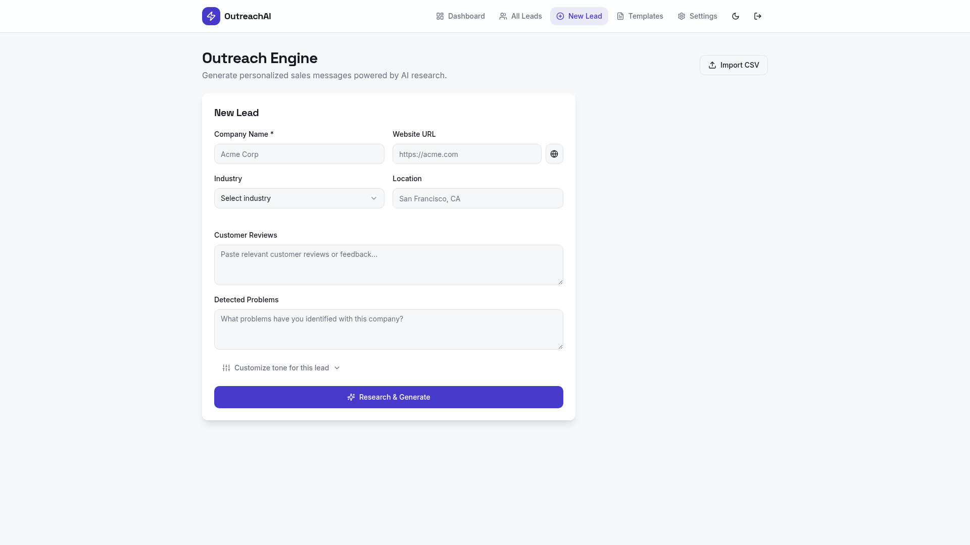 OutreachAI lead detail for FinServe Capital showing cold email and follow-up variants with send buttons