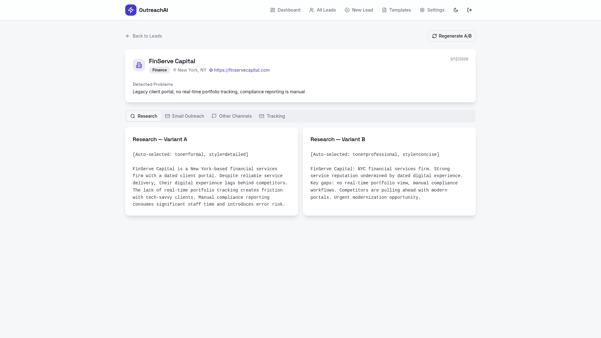 OutreachAI AI research summary showing Variant A (formal) and Variant B (professional) analyses for FinServe Capital