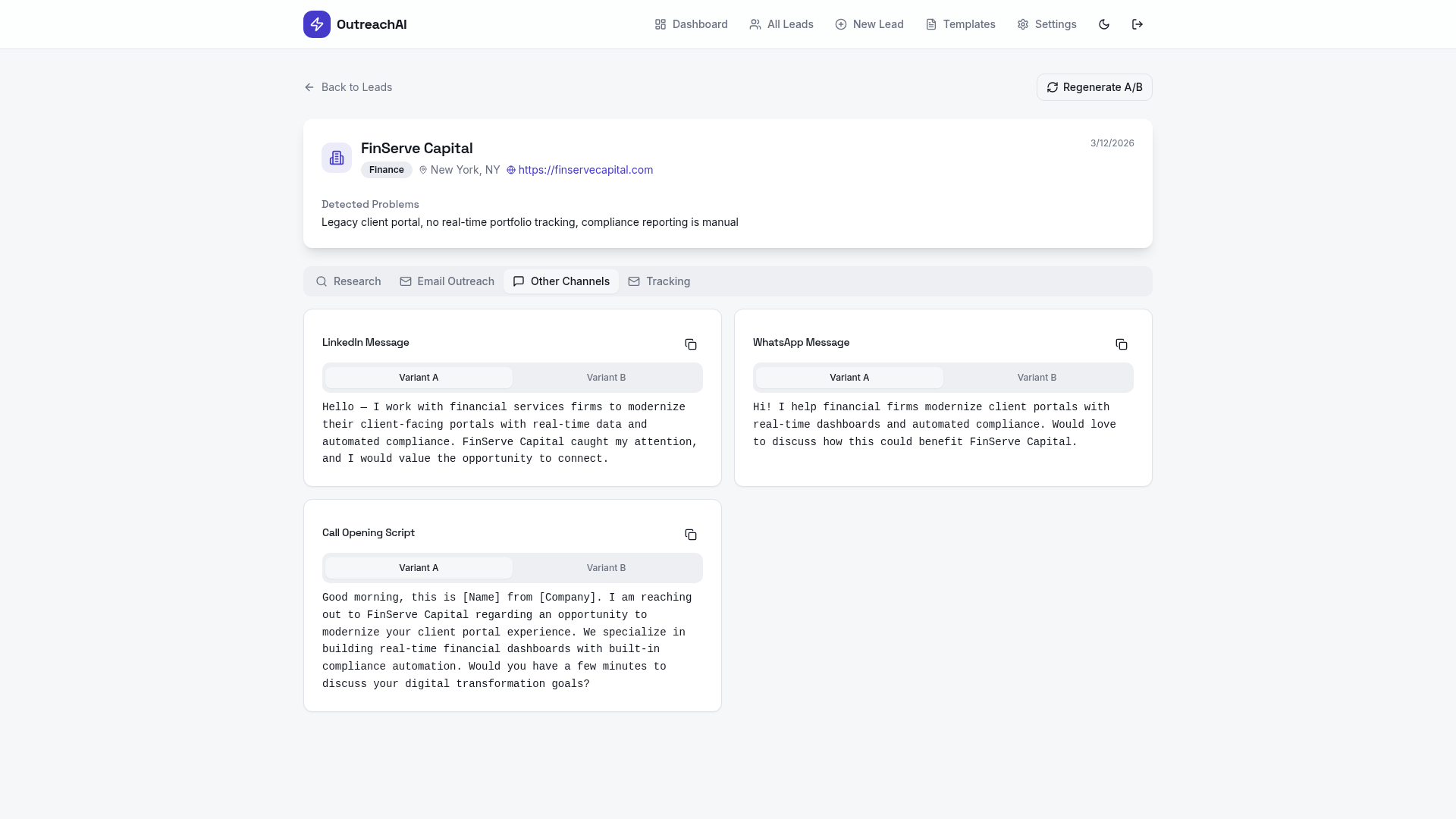 OutreachAI multi-channel outreach showing LinkedIn, WhatsApp, and call script messages with A/B variants