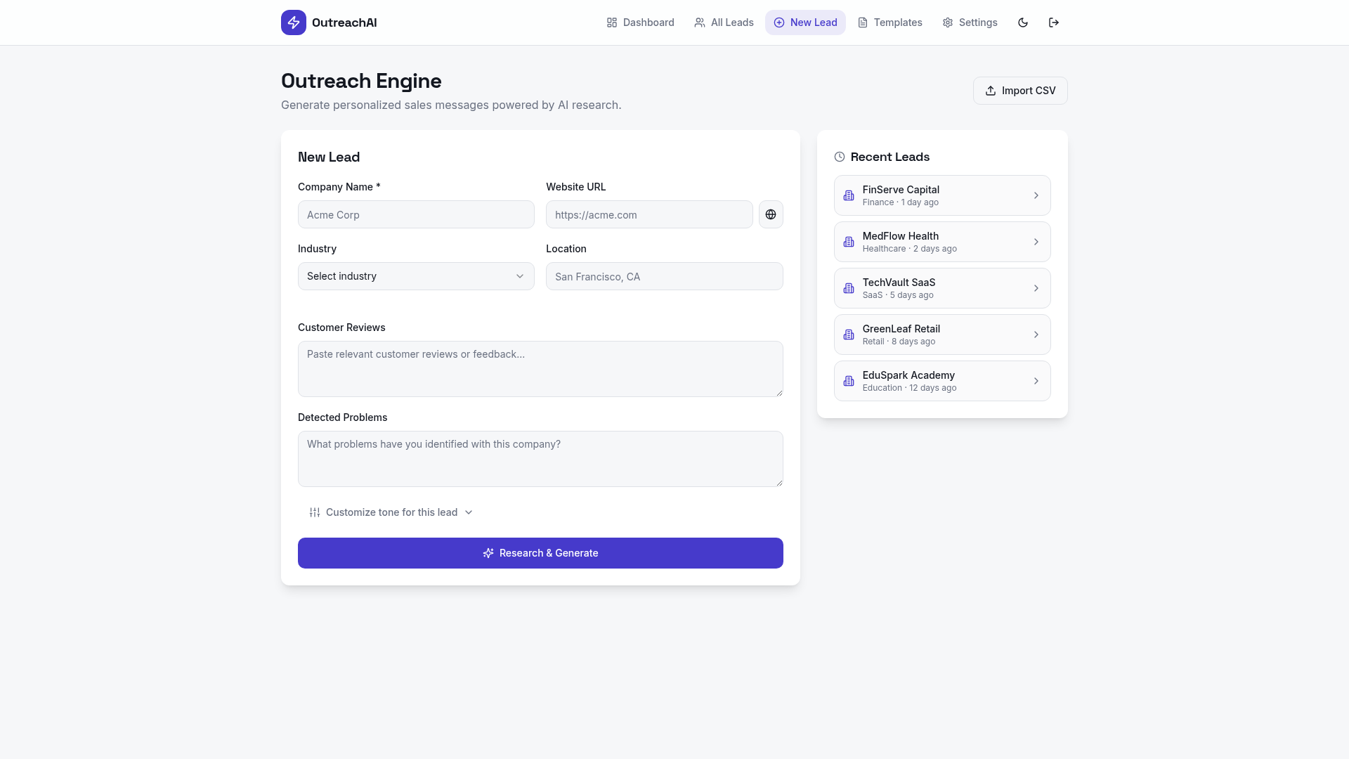 OutreachAI new lead form with company fields, website scraping, and recent leads sidebar