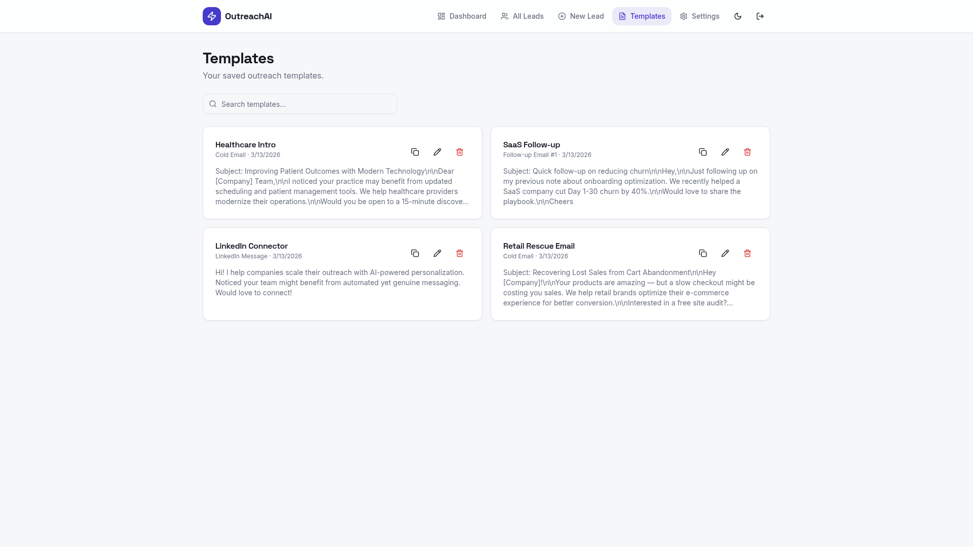 OutreachAI templates page showing 4 saved outreach templates with search and action buttons