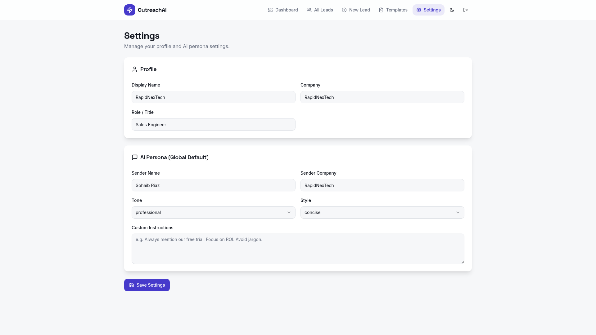 OutreachAI settings page showing profile info and AI persona configuration with tone and style dropdowns