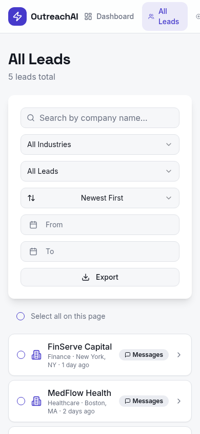 OutreachAI leads list on mobile with search, filters, and lead cards