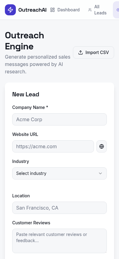 OutreachAI new lead form on mobile with company name, website, and industry fields