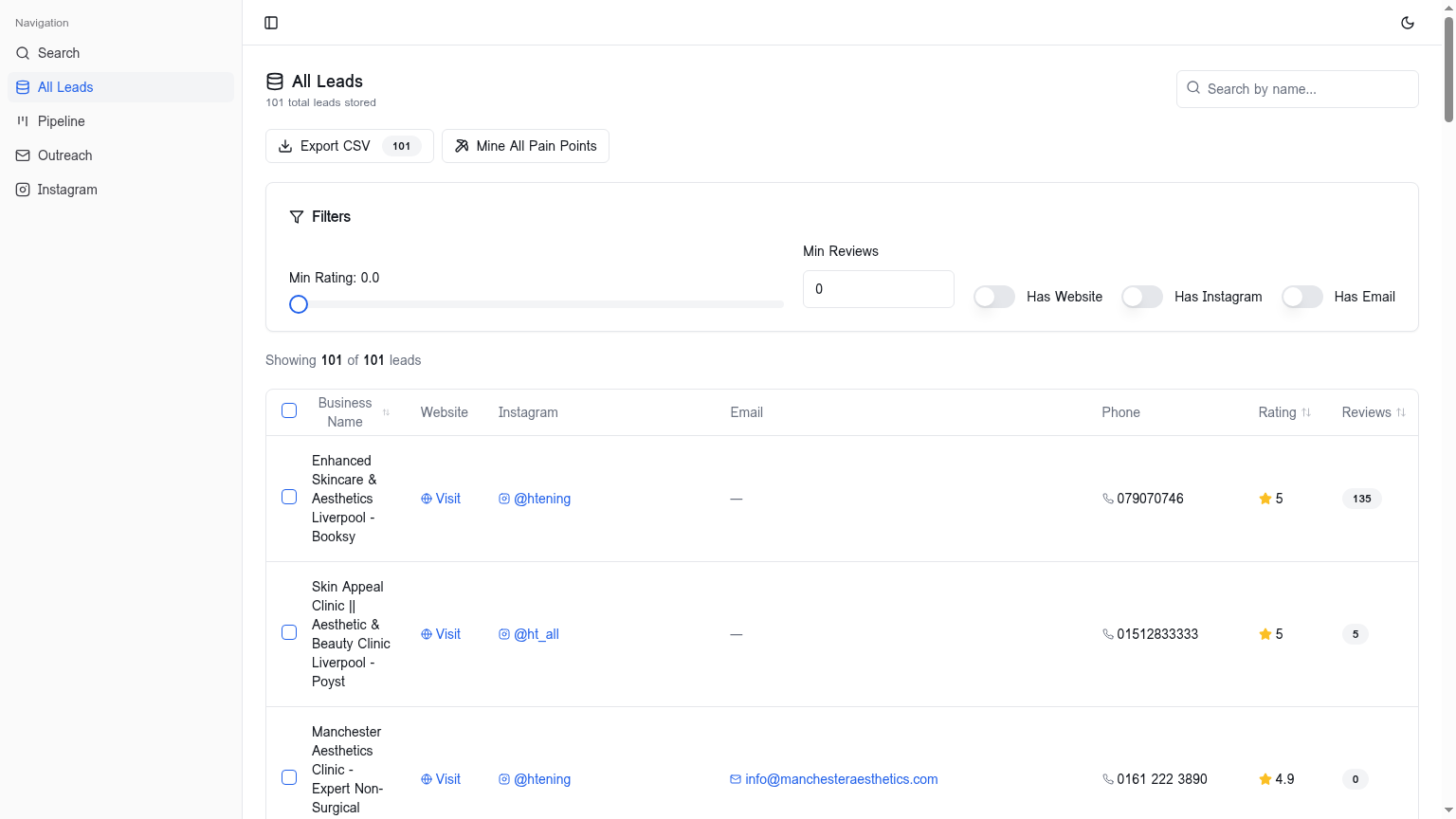 Search results table showing discovered business leads with contact details, ratings, and review counts