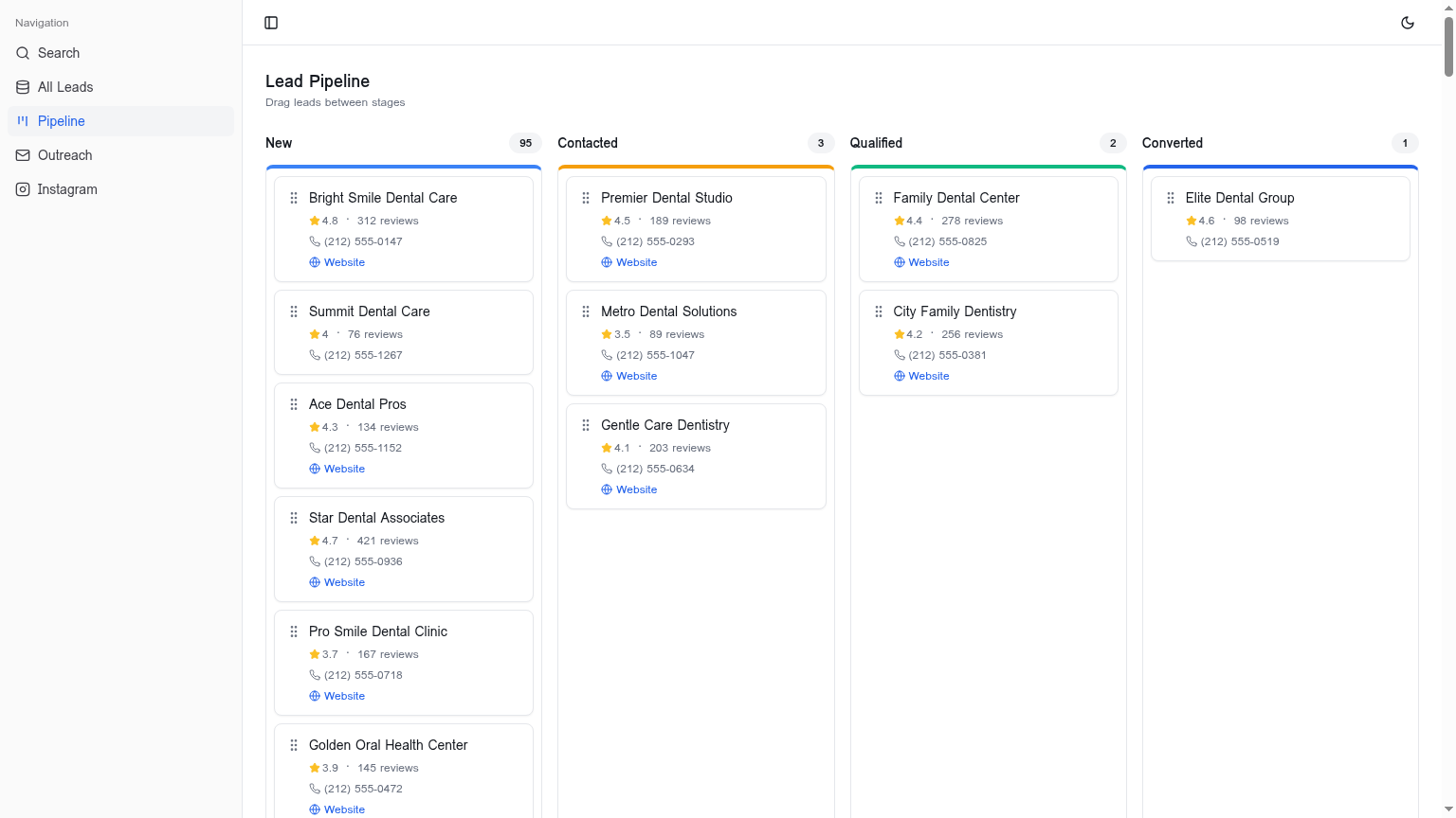 Lead filtering interface with rating slider, review count, and contact availability toggles