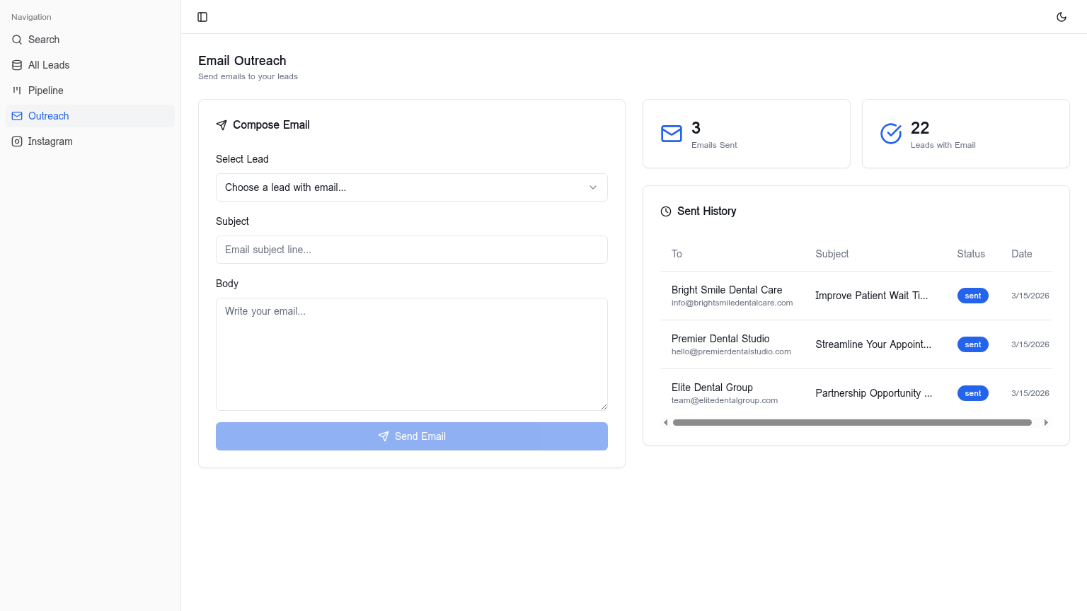 Detailed lead view showing business information, mined pain points, status management, and notes