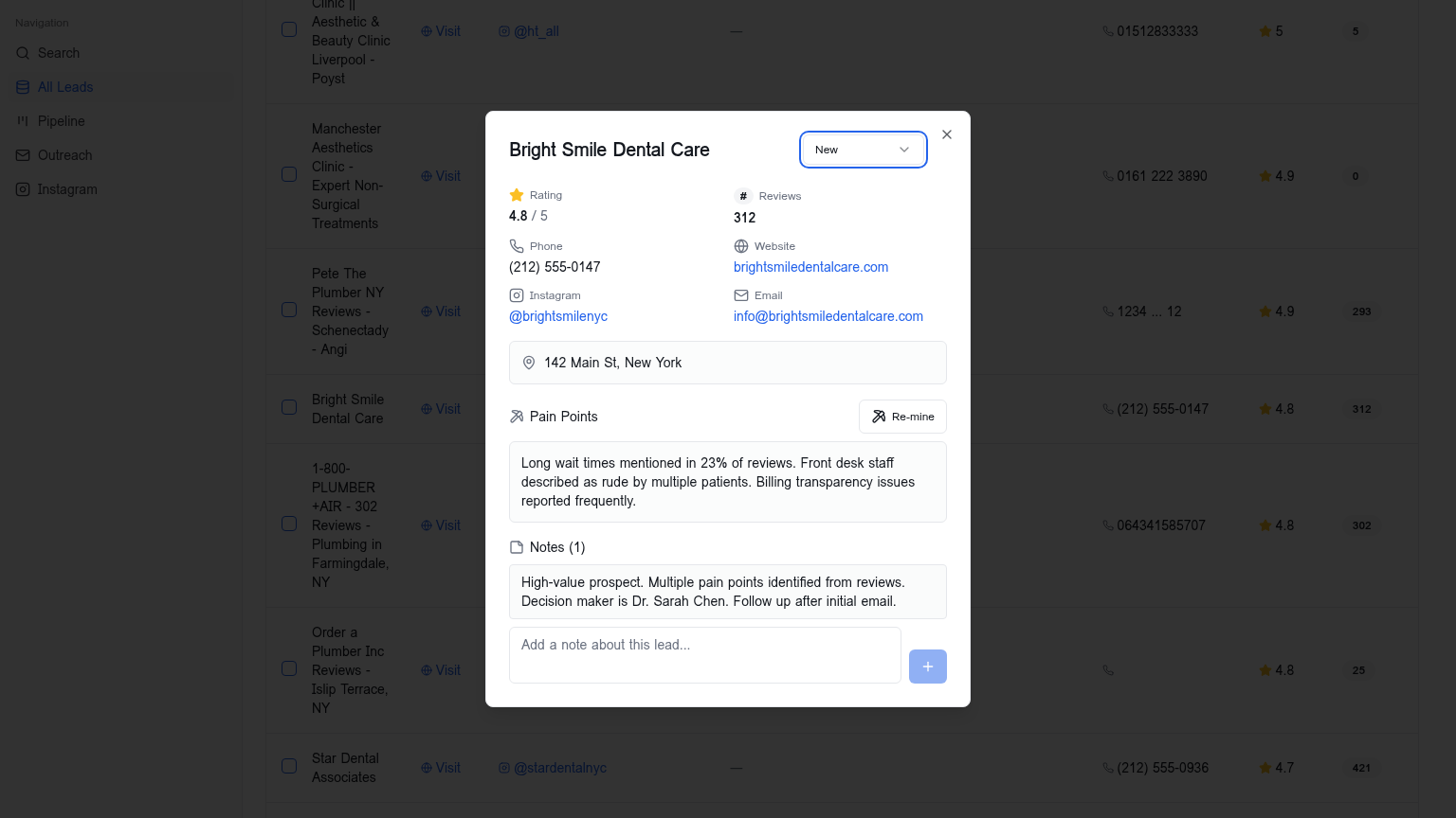 All leads management page showing stored leads with search and filter capabilities