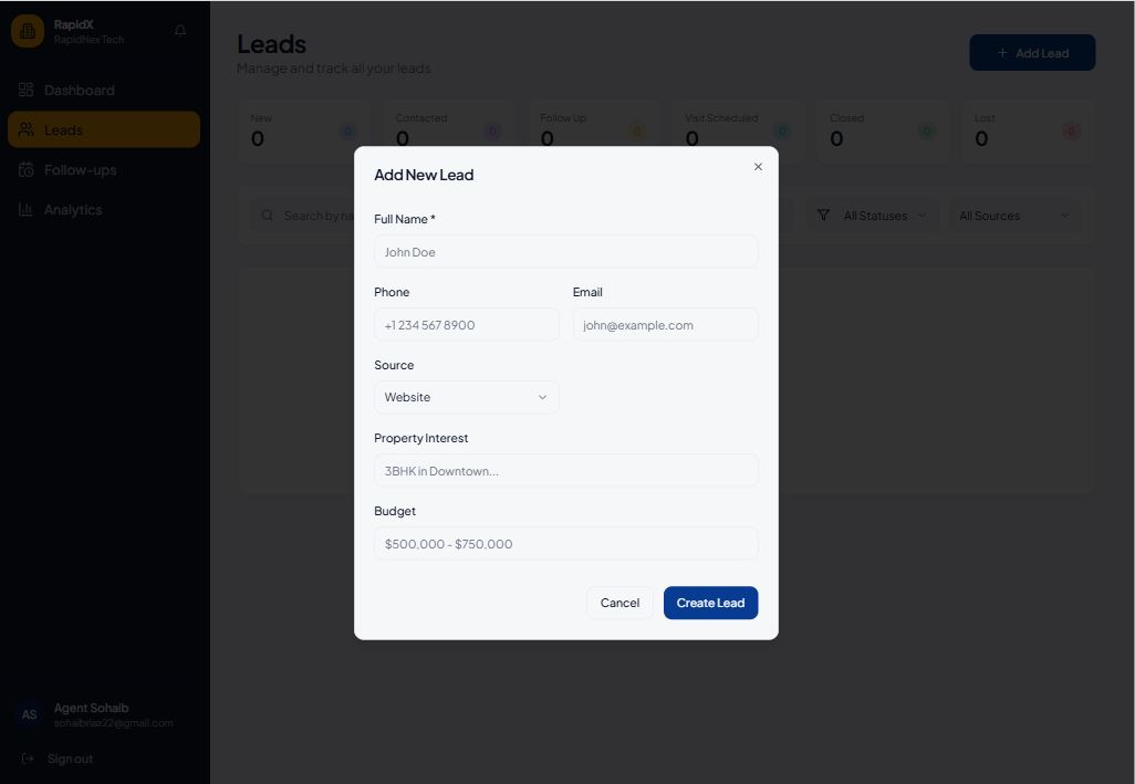 RapidX Realty CRM lead creation form showing fields for adding new leads with validation