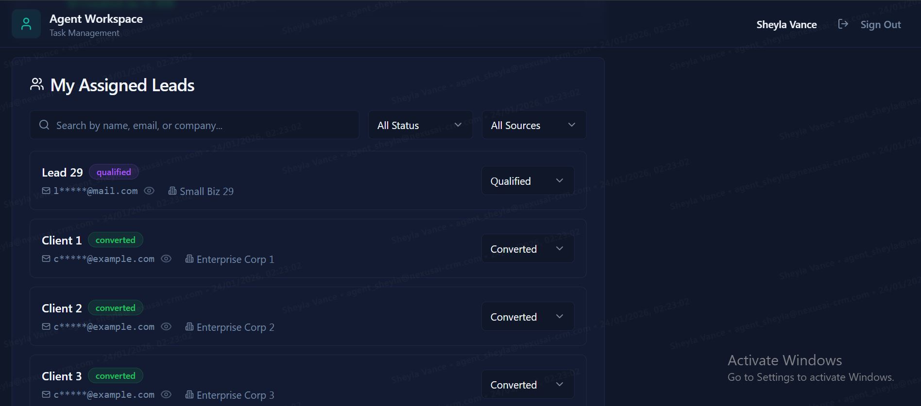 Agent portal showing assigned leads with restricted data access