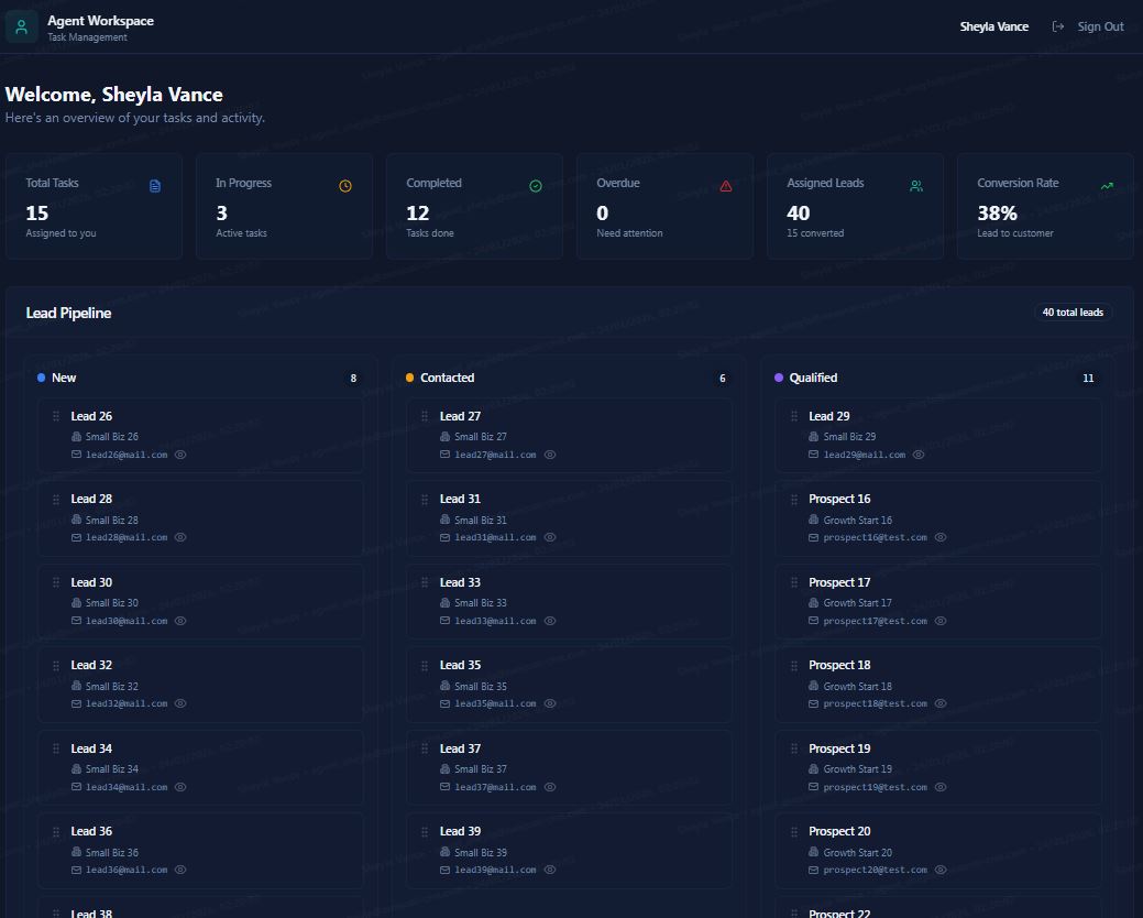 Agent activity panel displaying task updates and lead interactions