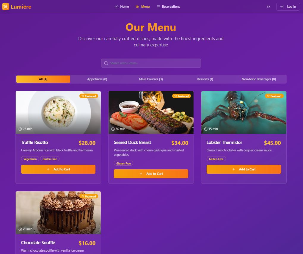 Lumière Menu Screen View Showing Multiple Filters to Search for Desired Item.