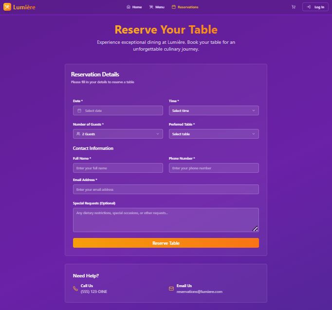 Lumière Reservation Screen Showing Booking Tables Online with Seamless Experience.