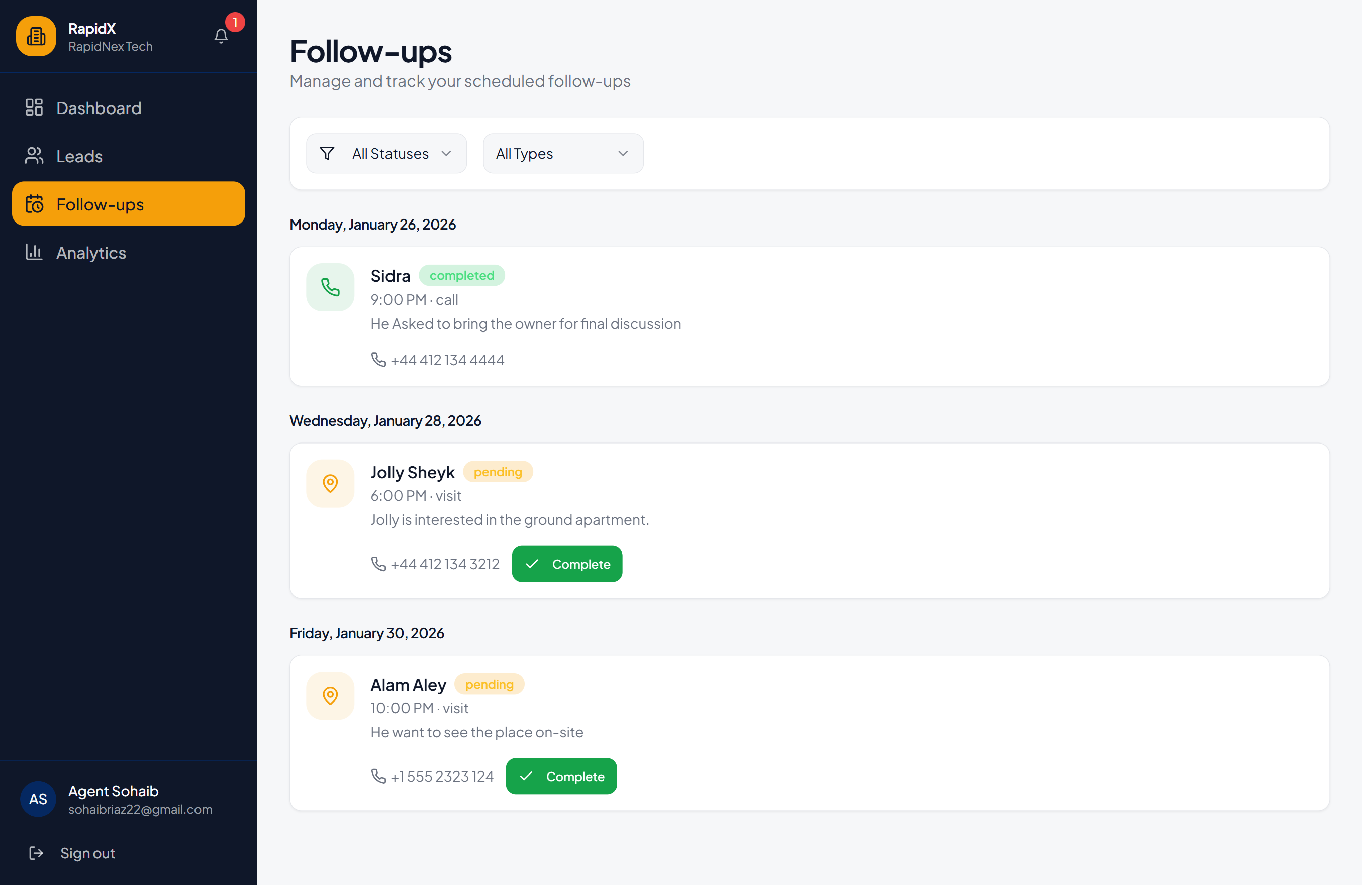 RapidX Realty CRM follow-up management and lead creation form interface
