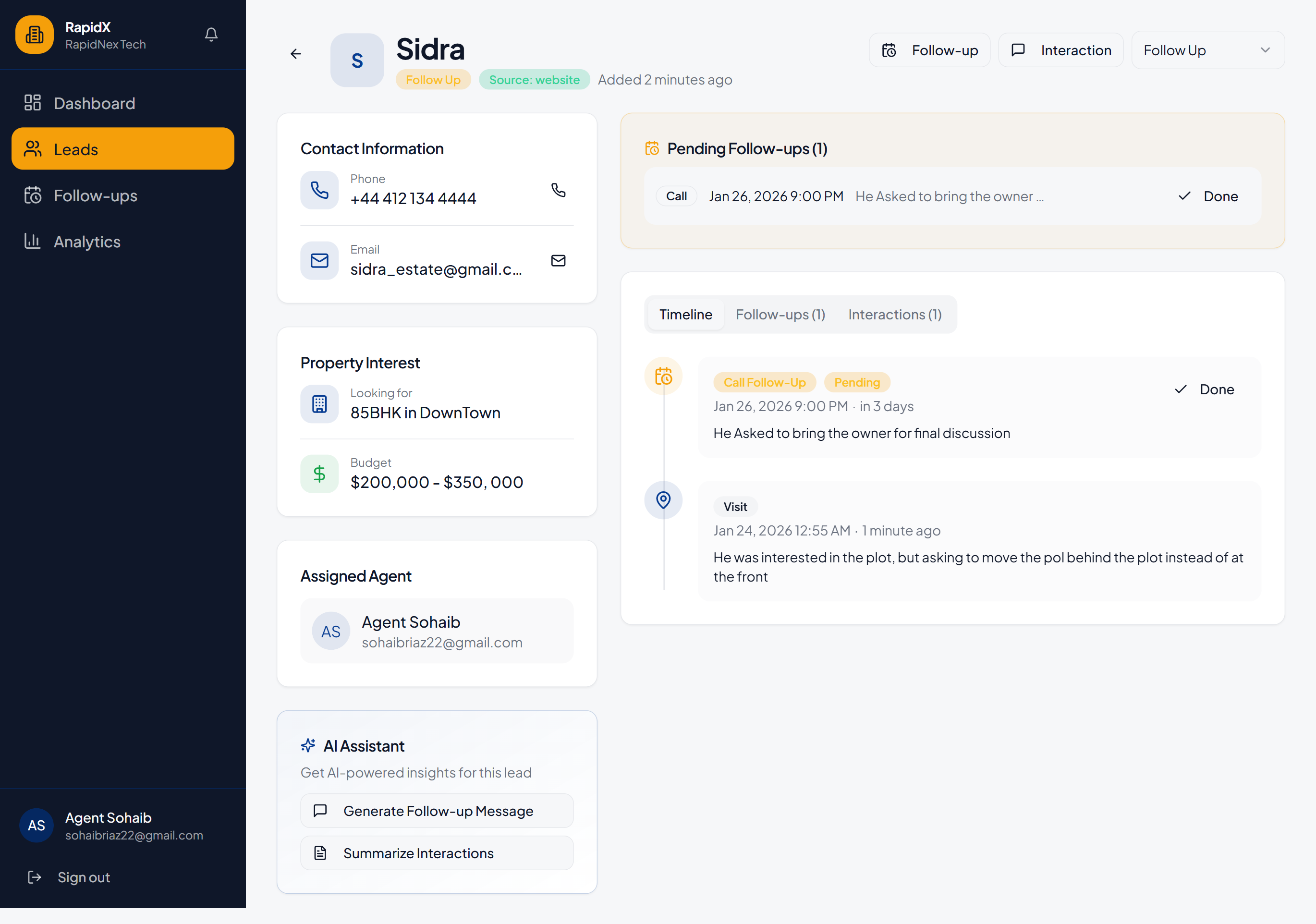 RapidX Realty CRM lead overview screen displaying pipeline and assignment details