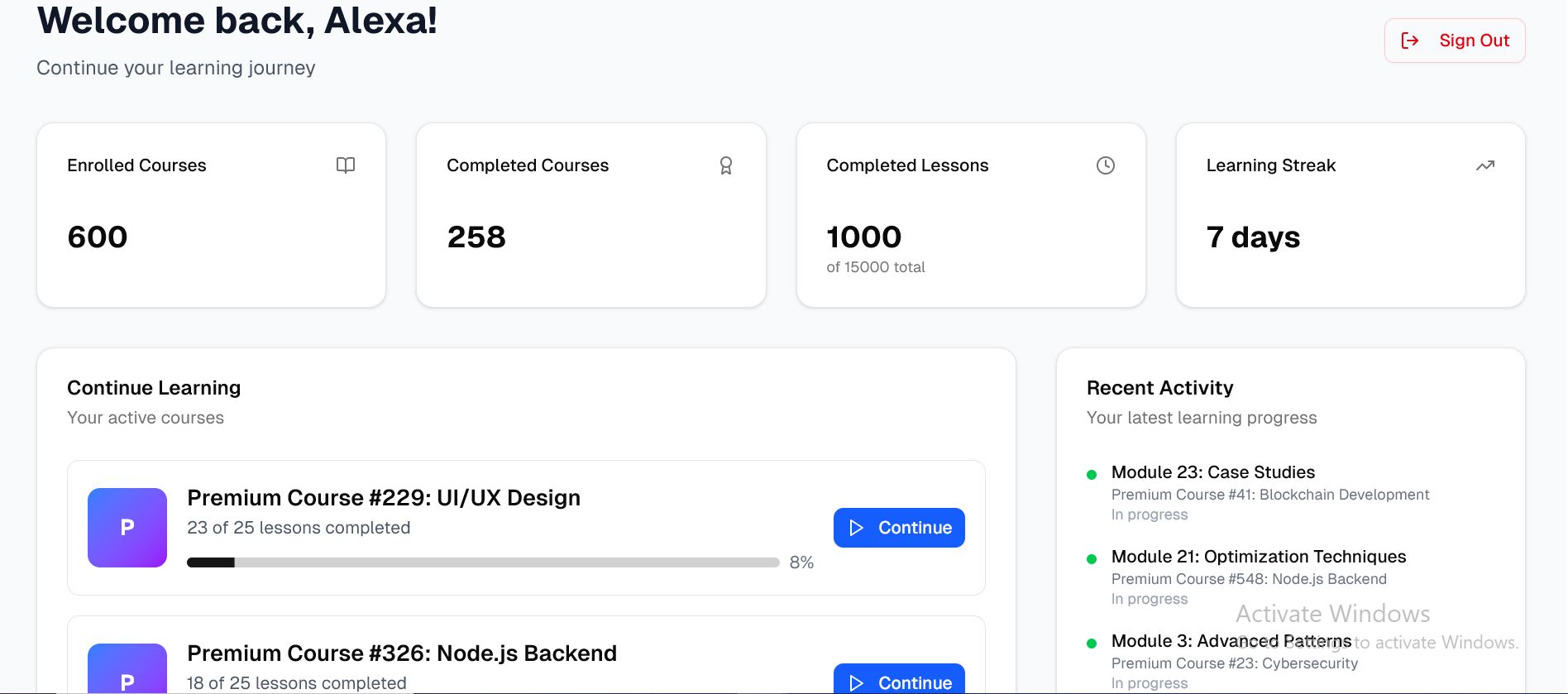 Student learning dashboard