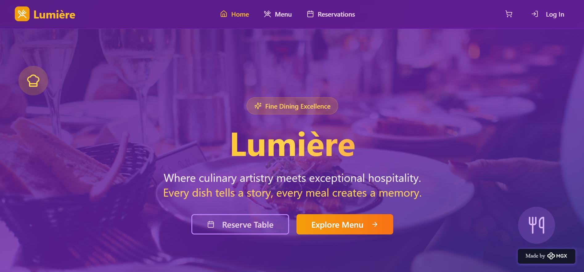 Lumière Homepage with Dynamic Menu Browsing.
